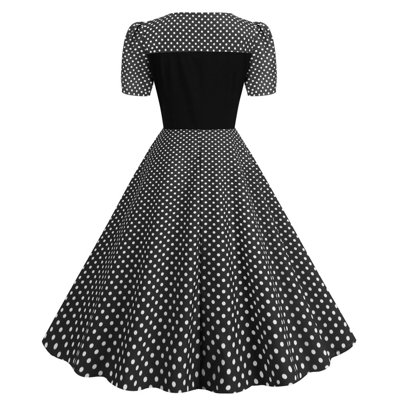 Dot Square Collar Short Sleeve Print Tight Waist Large Swing Dress