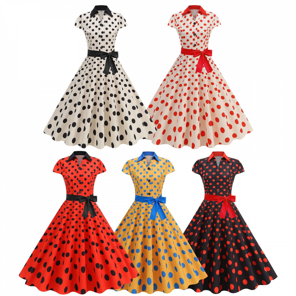 Elegant Polo Collar Casual Slimming Big Hemline Polka Dot Dress With Belt