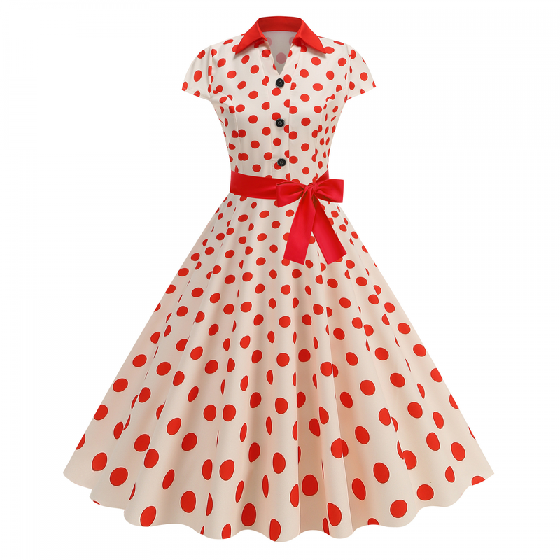 Elegant Polo Collar Casual Slimming Big Hemline Polka Dot Dress With Belt