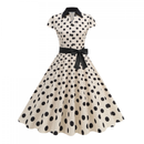 Elegant Polo Collar Casual Slimming Big Hemline Polka Dot Dress With Belt - AwwwCos