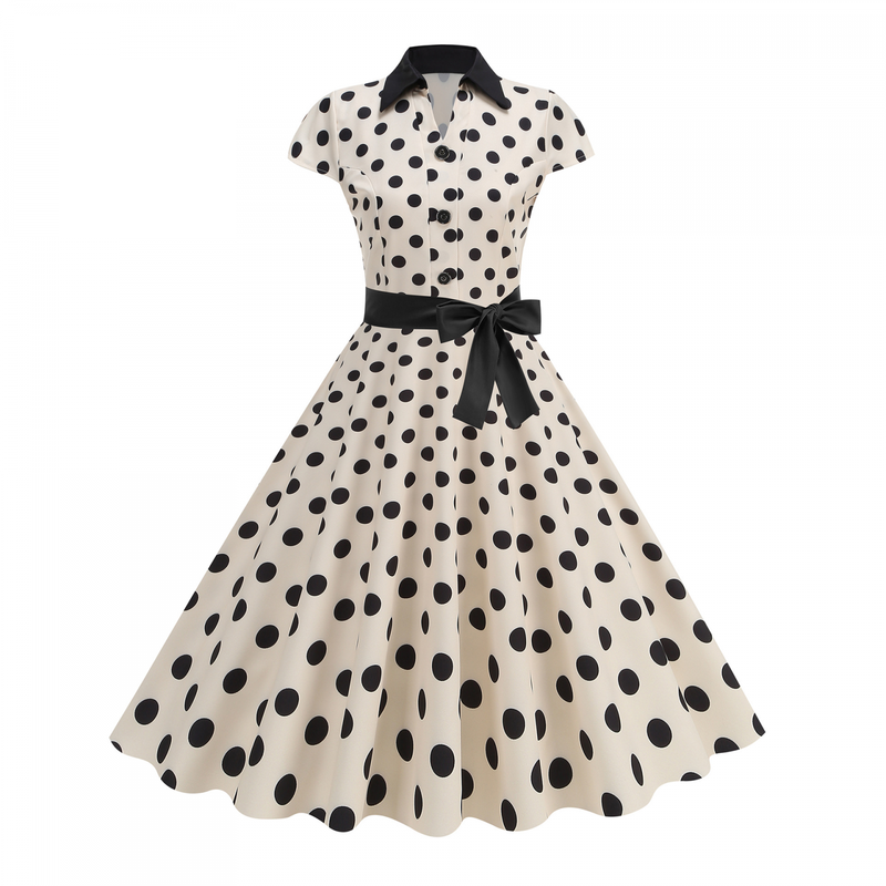 Elegant Polo Collar Casual Slimming Big Hemline Polka Dot Dress With Belt