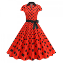 Elegant Polo Collar Casual Slimming Big Hemline Polka Dot Dress With Belt - AwwwCos