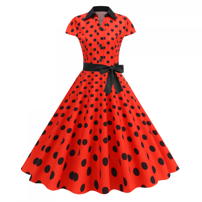 Elegant Polo Collar Casual Slimming Big Hemline Polka Dot Dress With Belt