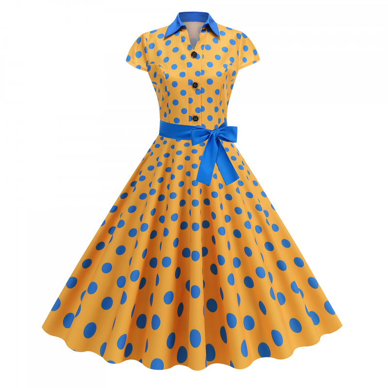Elegant Polo Collar Casual Slimming Big Hemline Polka Dot Dress With Belt