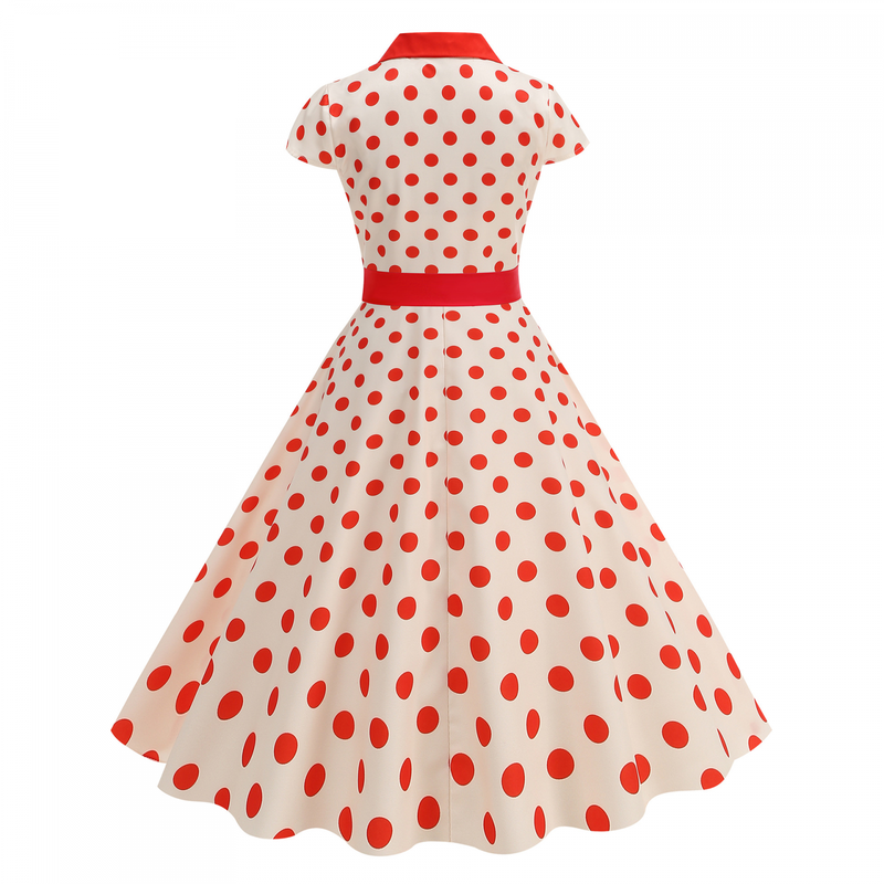 Elegant Polo Collar Casual Slimming Big Hemline Polka Dot Dress With Belt
