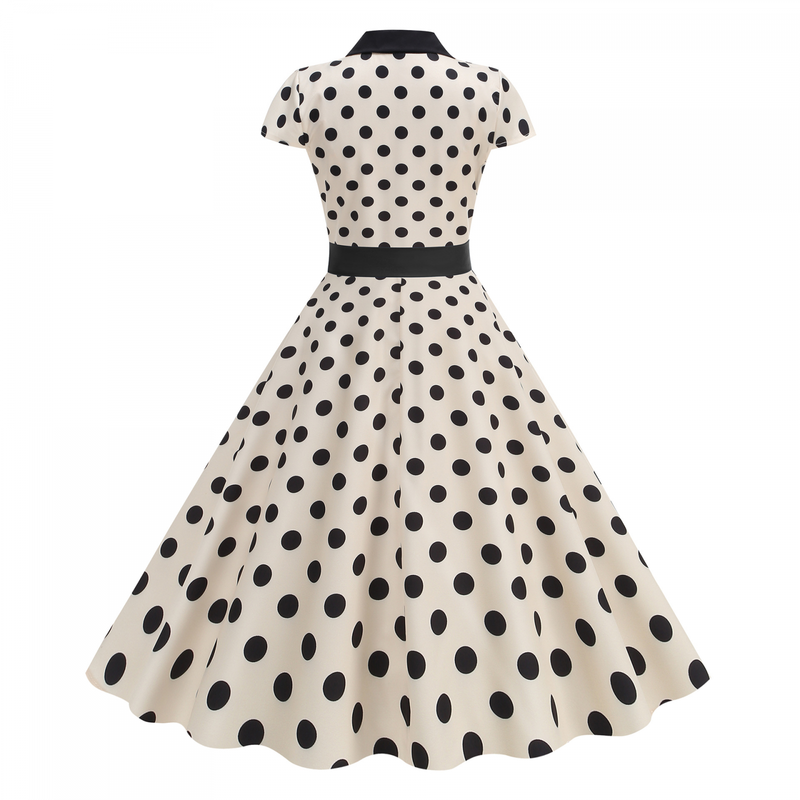 Elegant Polo Collar Casual Slimming Big Hemline Polka Dot Dress With Belt