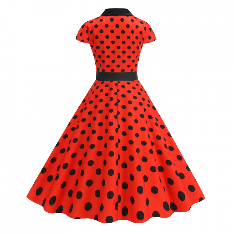Elegant Polo Collar Casual Slimming Big Hemline Polka Dot Dress With Belt