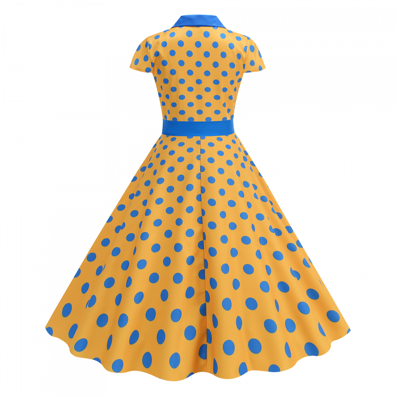 Elegant Polo Collar Casual Slimming Big Hemline Polka Dot Dress With Belt