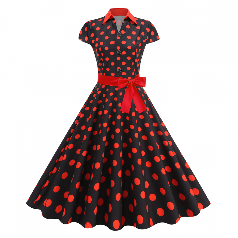 Elegant Polo Collar Casual Slimming Big Hemline Polka Dot Dress With Belt