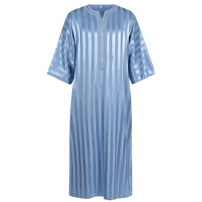 Embroidered Arab Youth Multicolor Striped Mid-Sleeve Men's Robe