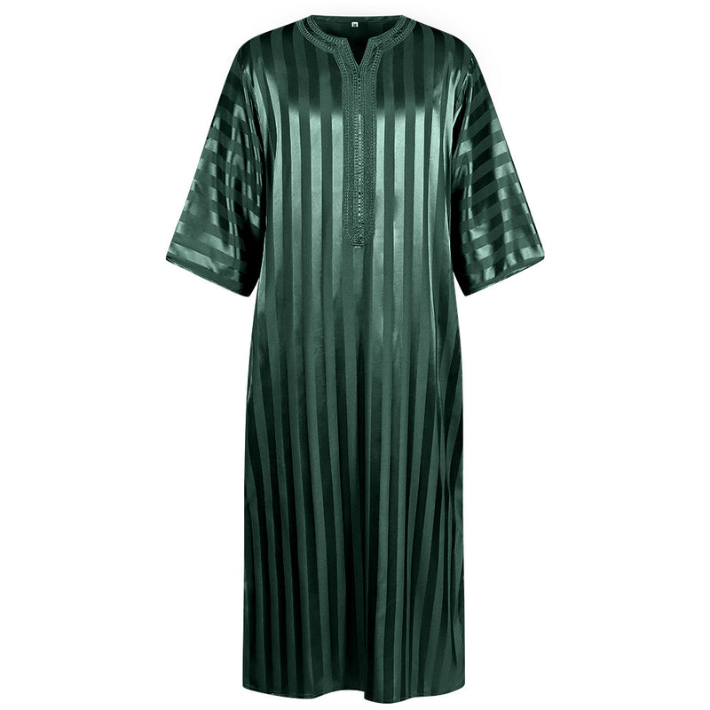 Embroidered Arab Youth Multicolor Striped Mid-Sleeve Men's Robe