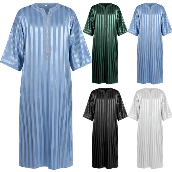 Embroidered Arab Youth Multicolor Striped Mid-Sleeve Men's Robe