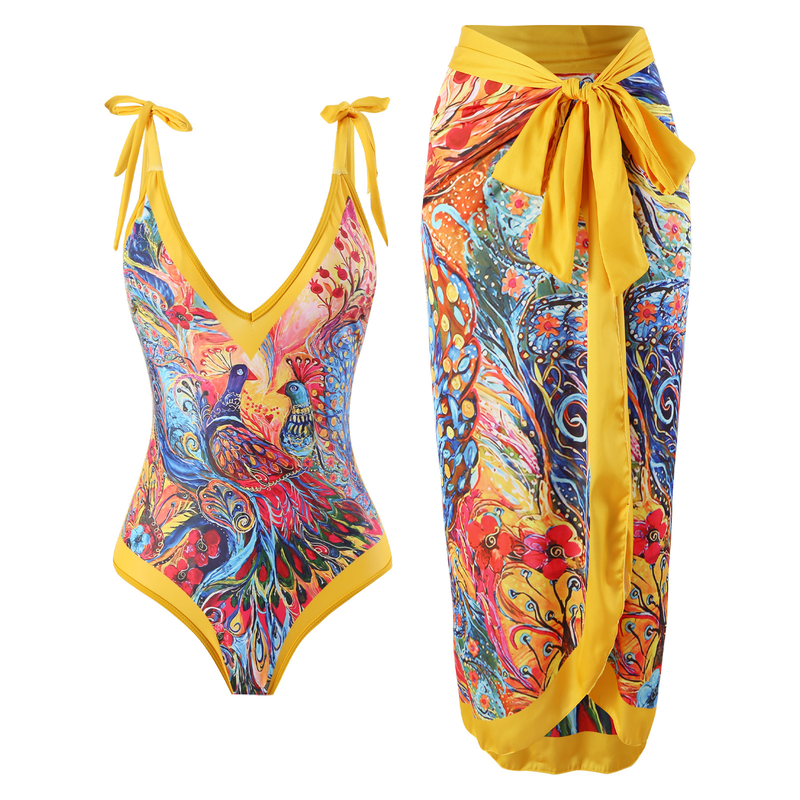 Fashion Women Printed Jumpsuit Skirt Beach Bikini Swimsuit Suit