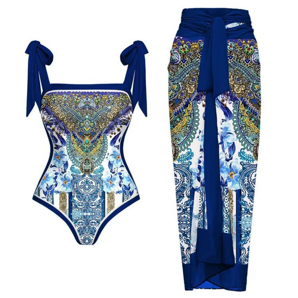 Fashion Women Printed Jumpsuit Skirt Beach Bikini Swimsuit Suit