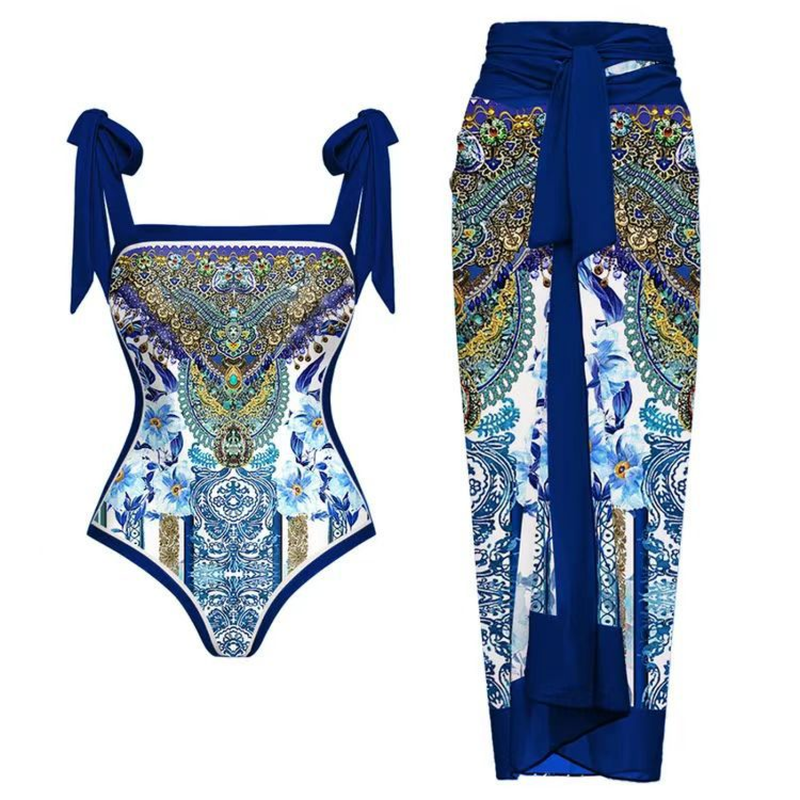 Fashion Women Printed Jumpsuit Skirt Beach Bikini Swimsuit Suit