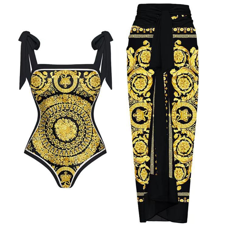 Fashion Women Printed Jumpsuit Skirt Beach Bikini Swimsuit Suit