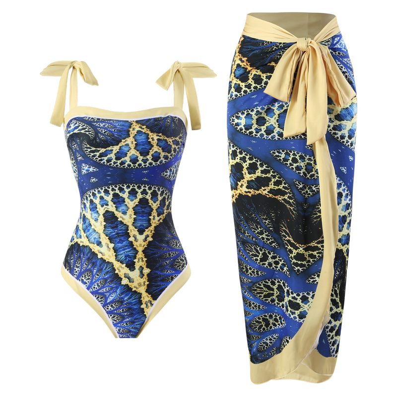 Fashion Women Printed Jumpsuit Skirt Beach Bikini Swimsuit Suit