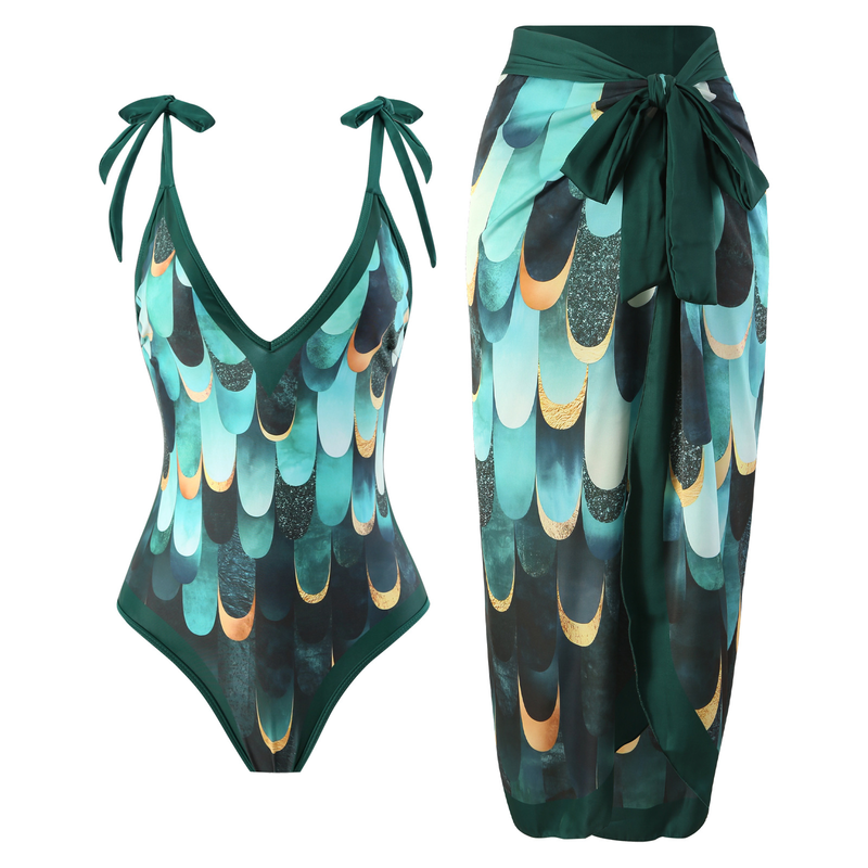 Fashion Women Printed Jumpsuit Skirt Beach Bikini Swimsuit Suit