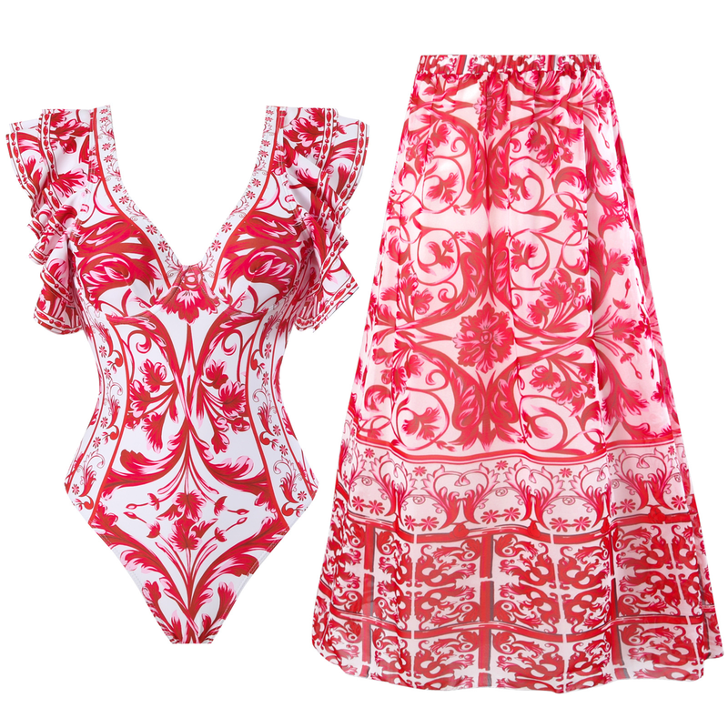 Fashion Women Printed Two-Piece Chiffon Jumpsuit Skirt Swimsuit Suit