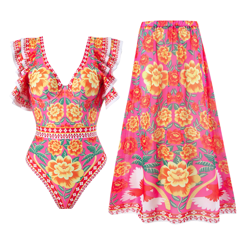 Fashion Women Printed Two-Piece Chiffon Jumpsuit Skirt Swimsuit Suit