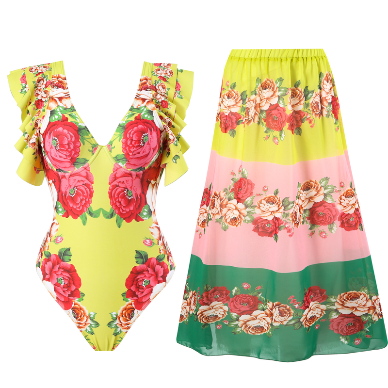 Fashion Women Printed Two-Piece Chiffon Jumpsuit Skirt Swimsuit Suit