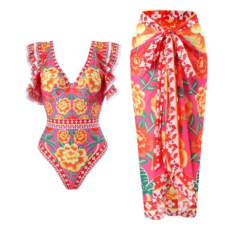 Fashion Women Printed Two-Piece Chiffon Jumpsuit Skirt Swimsuit Suit