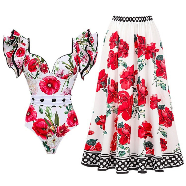 Fashion Women Printed Two-Piece Chiffon Jumpsuit Skirt Swimsuit Suit