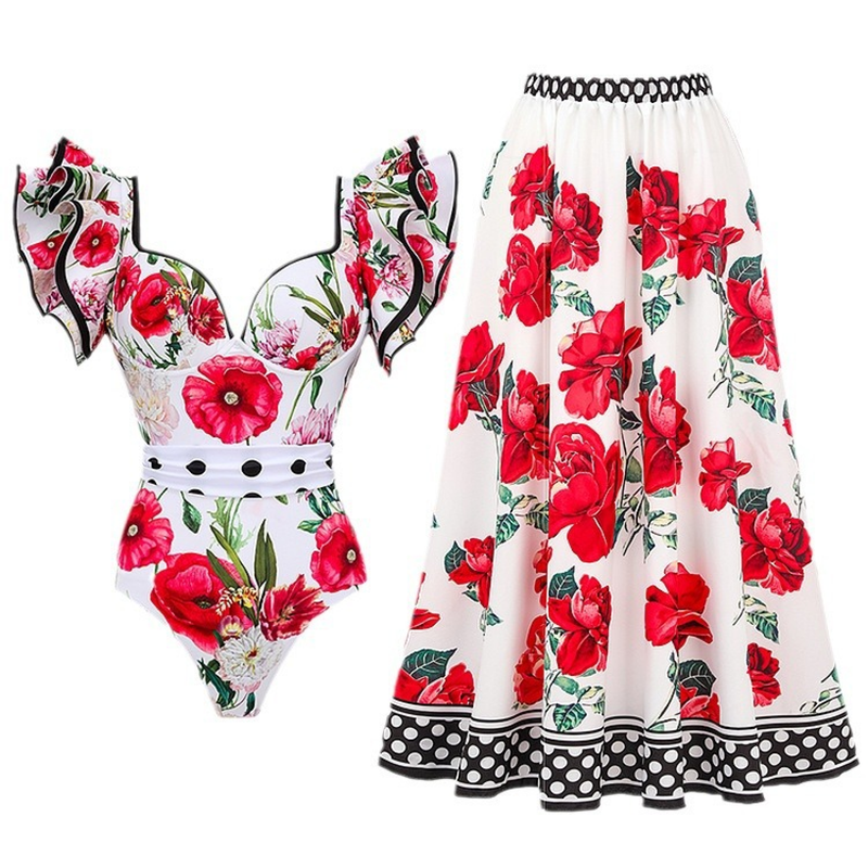 Fashion Women Printed Two-Piece Chiffon Jumpsuit Skirt Swimsuit Suit