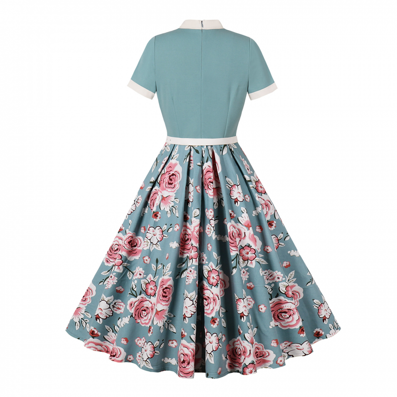 Female 50s Style Vintage Short Sleeve Tie Neck Swing Midi Dress with Belt - AwwwCos