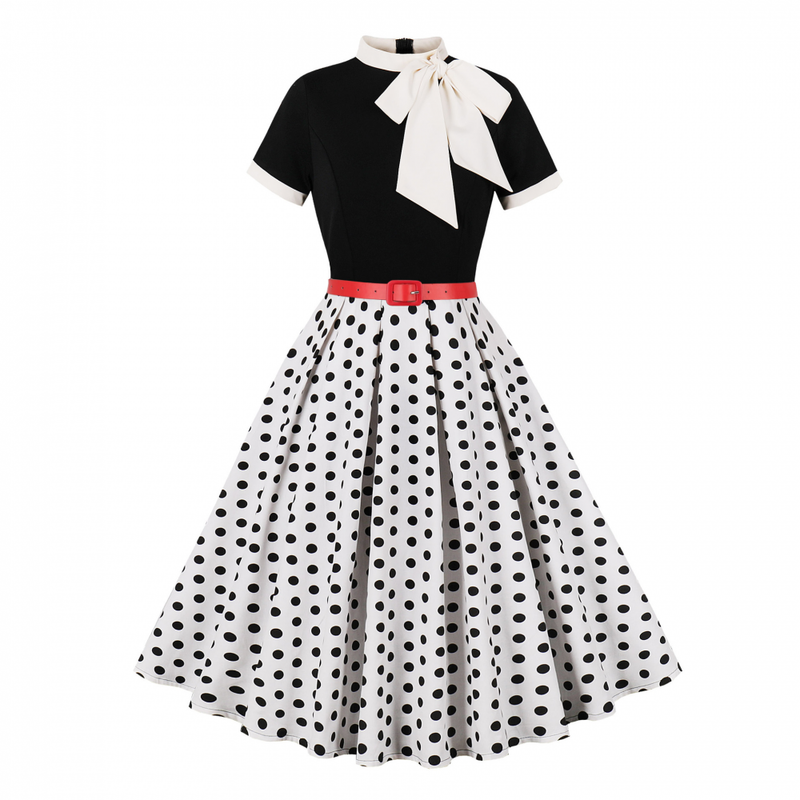Female 50s Style Vintage Short Sleeve Tie Neck Swing Midi Dress with Belt - AwwwCos