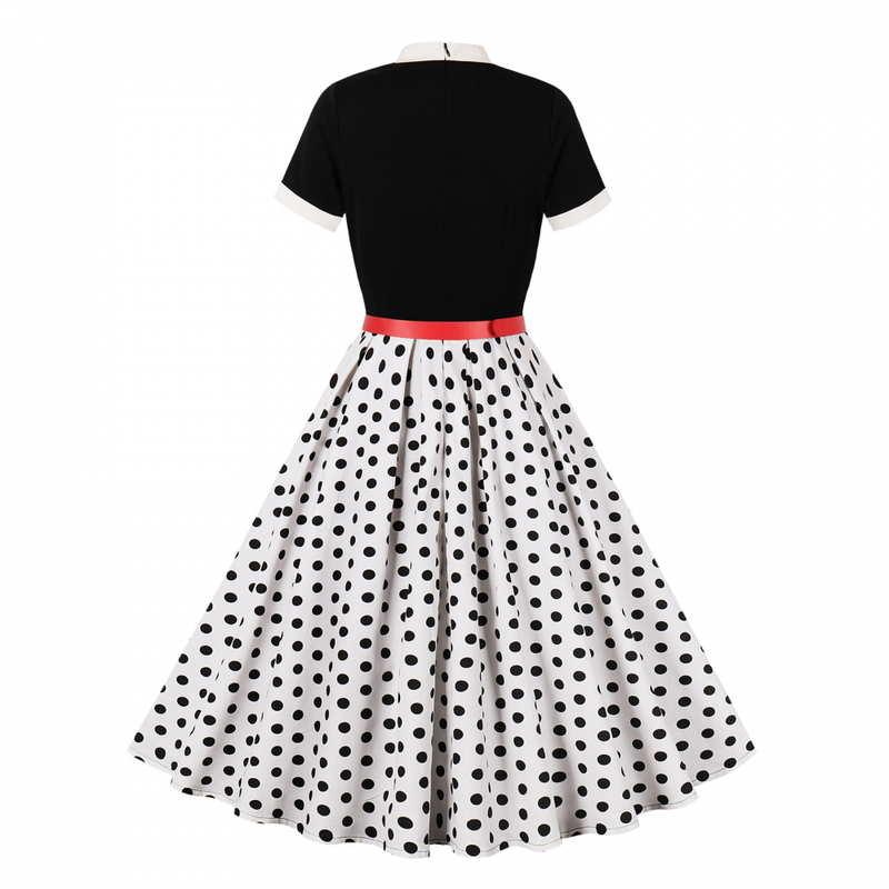 Female 50s Style Vintage Short Sleeve Tie Neck Swing Midi Dress with Belt - AwwwCos