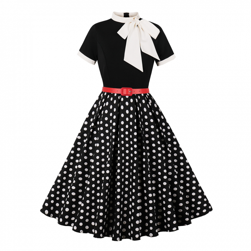 Female 50s Style Vintage Short Sleeve Tie Neck Swing Midi Dress with Belt - AwwwCos