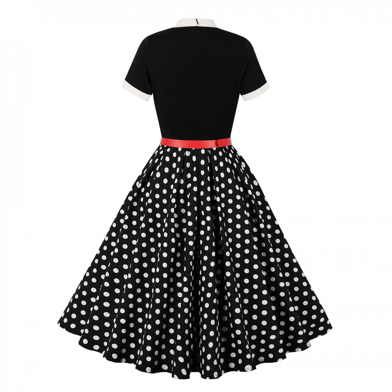 Female 50s Style Vintage Short Sleeve Tie Neck Swing Midi Dress with Belt - AwwwCos
