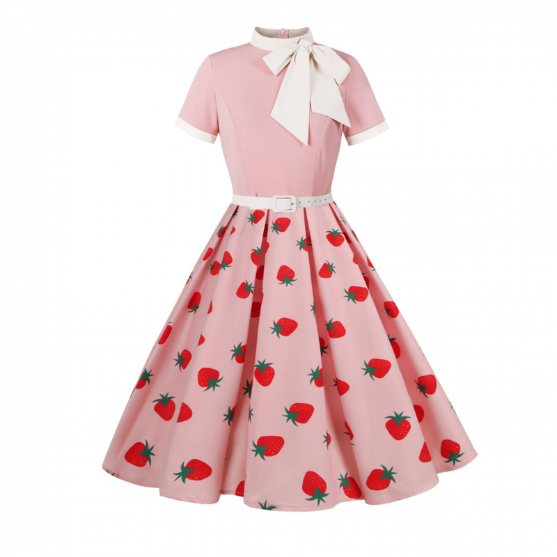 Female 50s Style Vintage Short Sleeve Tie Neck Swing Midi Dress with Belt - AwwwCos