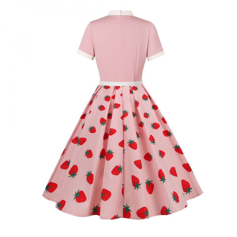Female 50s Style Vintage Short Sleeve Tie Neck Swing Midi Dress with Belt - AwwwCos