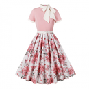 Female 50s Style Vintage Short Sleeve Tie Neck Swing Midi Dress with Belt - AwwwCos