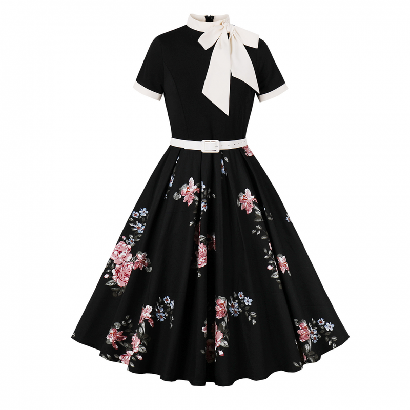 Female 50s Style Vintage Short Sleeve Tie Neck Swing Midi Dress with Belt - AwwwCos