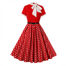 Female 50s Style Vintage Short Sleeve Tie Neck Swing Midi Dress with Belt - AwwwCos