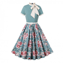 Female 50s Style Vintage Short Sleeve Tie Neck Swing Midi Dress with Belt - AwwwCos