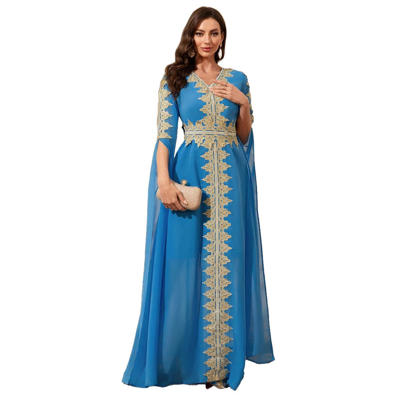 Female Abaya Dress Muslim Dubai Sadui Moroccan Kaftan Embroidered Blue Gown - AwwwCos