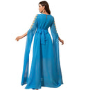 Female Abaya Dress Muslim Dubai Sadui Moroccan Kaftan Embroidered Blue Gown - AwwwCos