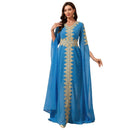 Female Abaya Dress Muslim Dubai Sadui Moroccan Kaftan Embroidered Blue Gown - AwwwCos