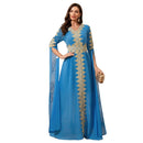 Female Abaya Dress Muslim Dubai Sadui Moroccan Kaftan Embroidered Blue Gown - AwwwCos