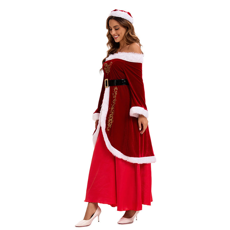 Female Christmas Mrs Claus Cosplay Costume Sexy Off The Shoulder Dress - AwwwCos