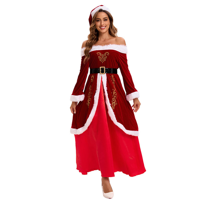 Female Christmas Mrs Claus Cosplay Costume Sexy Off The Shoulder Dress - AwwwCos