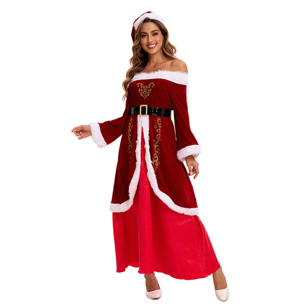 Female Christmas Mrs Claus Cosplay Costume Sexy Off The Shoulder Dress - AwwwCos