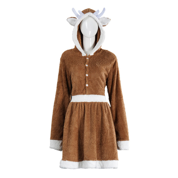 Female Christmas Reindeer Cosplay Costume Brown Velvet Dress Pajamas - AwwwCos