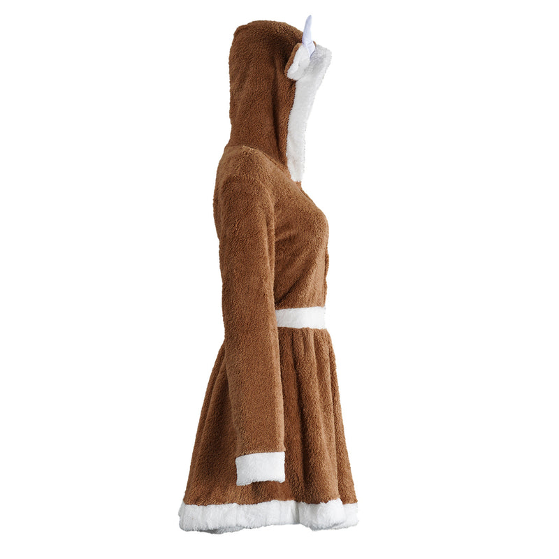 Female Christmas Reindeer Cosplay Costume Brown Velvet Dress Pajamas - AwwwCos