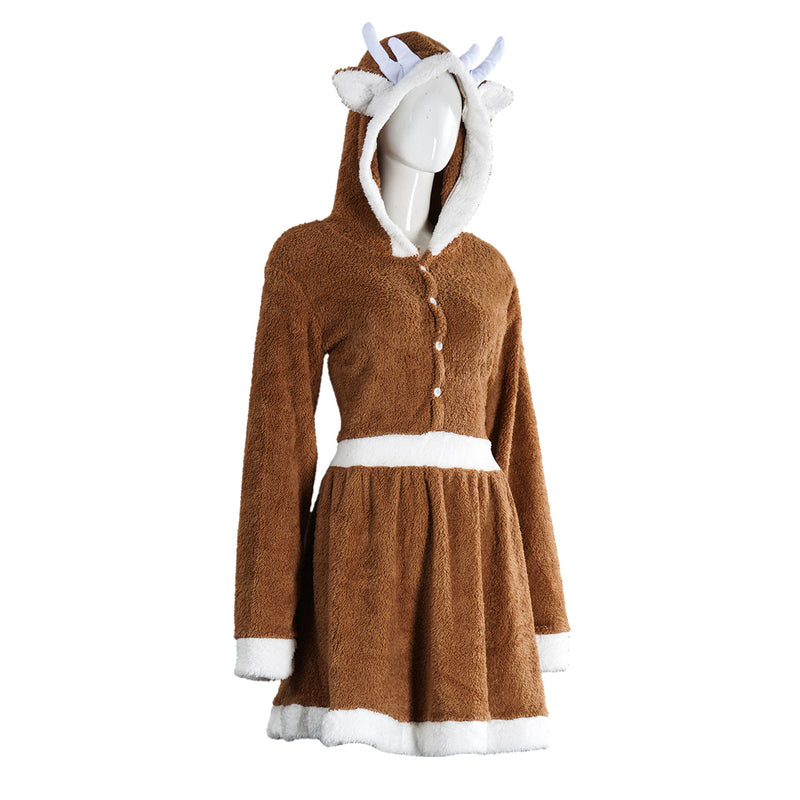 Female Christmas Reindeer Cosplay Costume Brown Velvet Dress Pajamas - AwwwCos