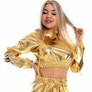 Female Dance Shiny Metallic Mini Top Trousers Faux Leather Glitter Cropped Pants - AwwwCos